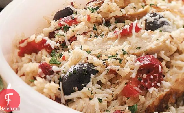 طاجن أرز ودجاج مع الفلفل الأحمر المشوي