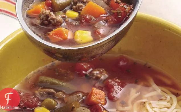 حساء لحم البقر والخضروات مع جبن موزاريلا