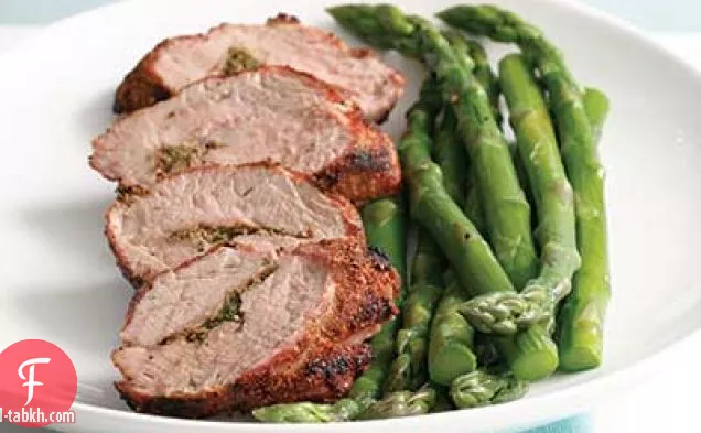 سمك الهلبوت المشوي مع لحم الخنزير المقدد على البطاطا المهروسة مع وصفة الملفوف