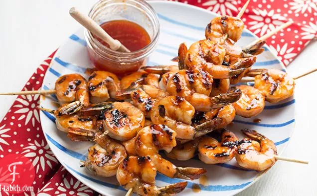 الروبيان المشوي مع صلصة العسل والزنجبيل الشواء