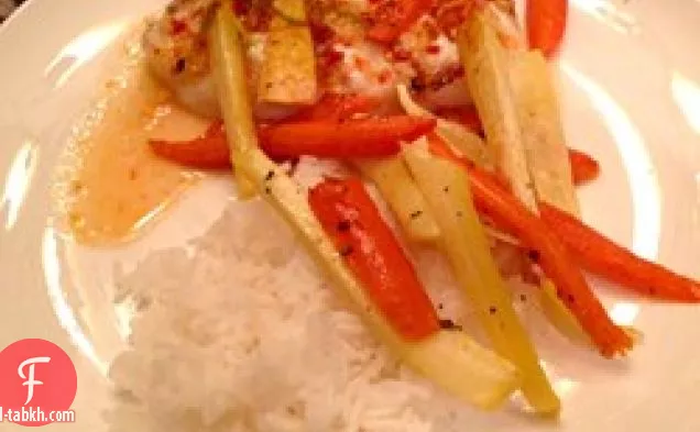 باس البحر المشوي مع صلصة الفلفل الحار والليمون