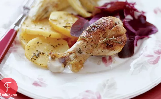 الدجاج المشوي مع البطاطا والشمر والنعناع
