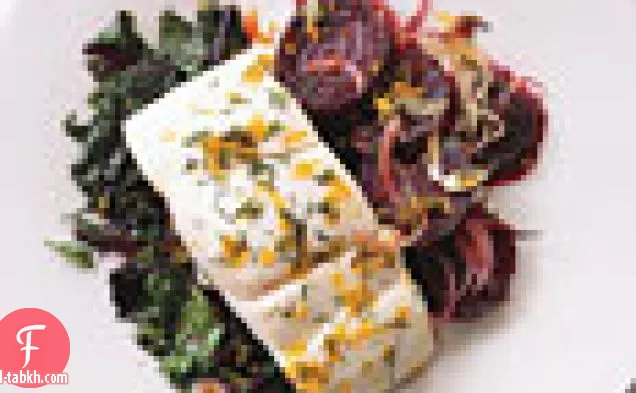 سمك الهلبوت مع البنجر المحمص ، والخضر البنجر ، والشبت-جريمولاتا البرتقال