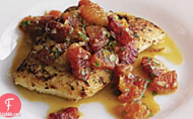 سمك الهلبوت المشوي مع صلصة البرتقال بالدم