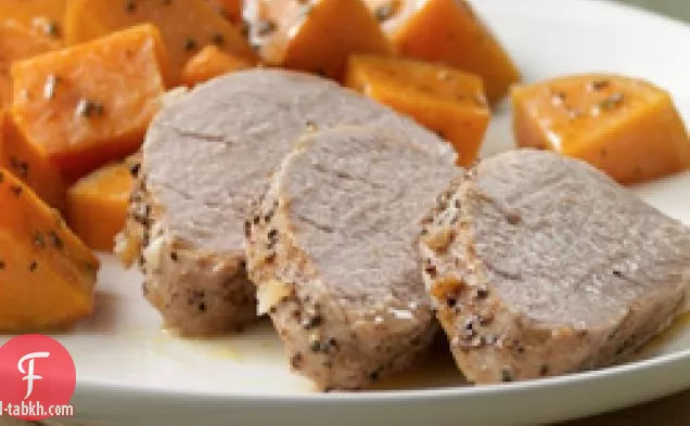 لحم الخنزير المتن مع البطاطا الحلوة المحمصة